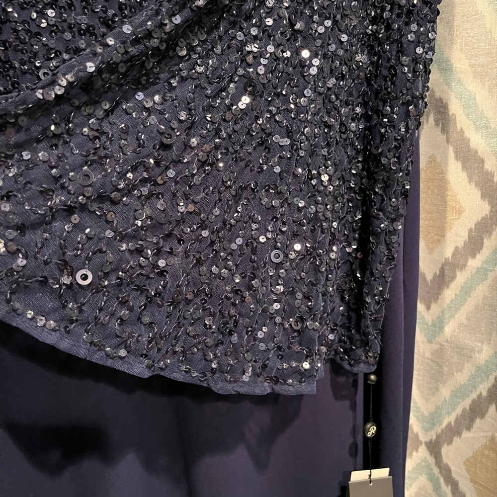 Adrianna Papell New Womans Beaded Boat Neck Gown Navy Blue Size 20 Flared Sleeve - Picture 4 of 10